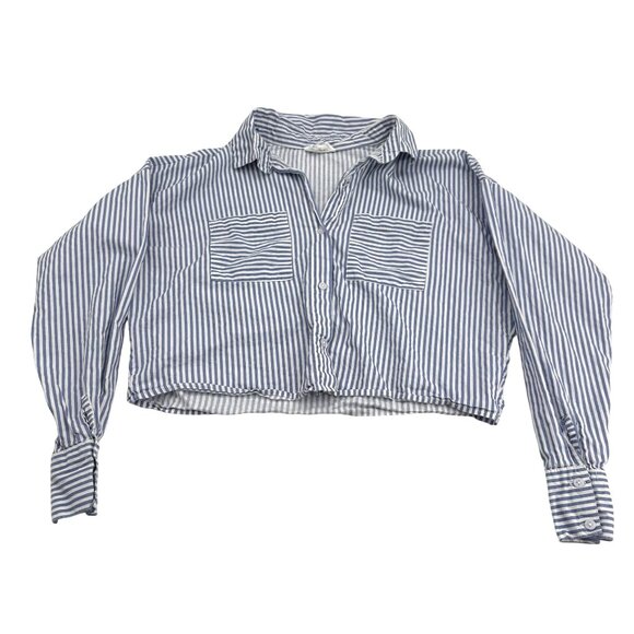 Isa & Ella Women's Striped Cropped Button-Up Shirt Size Small Blue & White - Picture 1 of 5